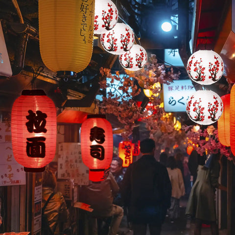 40 Piece Japanese Chinese Paper Lantern Decor Set With LED Lights For Indoor And Outdoor Use Cherry Blossom And Red Lanterns