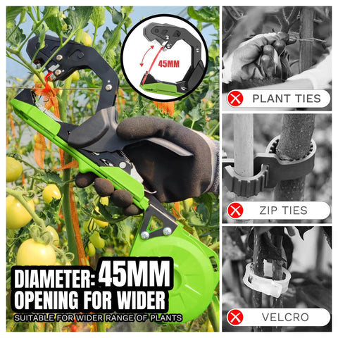 Plant Tying Machine Tapener Tool 420g with 10000 Staples and 20 Rolls Green Tape shown in use on vine.