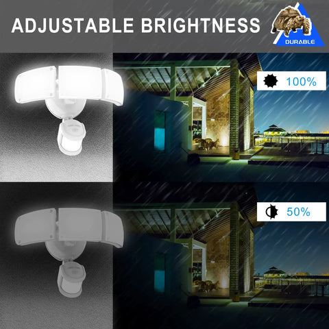 Three Head LED Outdoor Flood Light With Motion Sensor No Fuss Security Light For Garage And Yard, showing adjustable brightness.