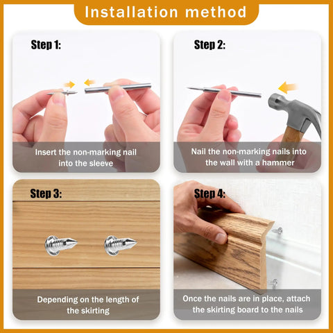 Step-by-step guide showing installation of Double Head Skirting Nails For Seamless Baseboard Install With Invisible Finish.