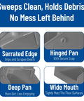 Features of Workhorse Upright Dustpan With 30 Inch Aluminum Handle And Serrated Combing Lip, showcasing serrated edge, hinged pan, deep pan, and wide mouth.