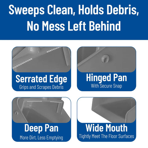 Features of Workhorse Upright Dustpan With 30 Inch Aluminum Handle And Serrated Combing Lip, showcasing serrated edge, hinged pan, deep pan, and wide mouth.