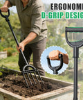 Heavy Duty 5 Tine Garden Fork With D Grip Handle 69 Inch Spading Fork in use for loosening soil in raised garden bed