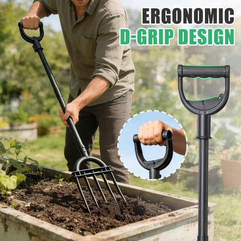 Heavy Duty 5 Tine Garden Fork With D Grip Handle 69 Inch Spading Fork in use for loosening soil in raised garden bed