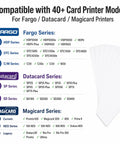 Heavy Duty Adhesive Cleaning Cards For Id Card Printers Cr80 Roller Maintenance Works With Fargo Datacard Plus Matica image showing printer compatibility list.