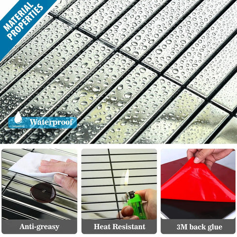 Stainless Steel Peel And Stick Backsplash Kit With 10 Sheets, Polished Silver Subway Brick Tiles, waterproof, heat resistant, easy install