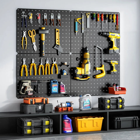 Heavy Duty Metal Peg Board Kit With 110 Pieces, 4 Black 12X16 Panels, Accessories And Hook Locks mounted on garage wall