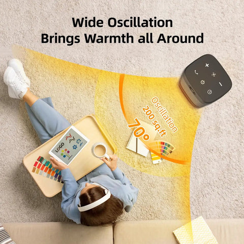 Top view of Indoor 1500W PTC Ceramic Space Heater with Remote and wide 70-degree oscillation range shown with user illustration.