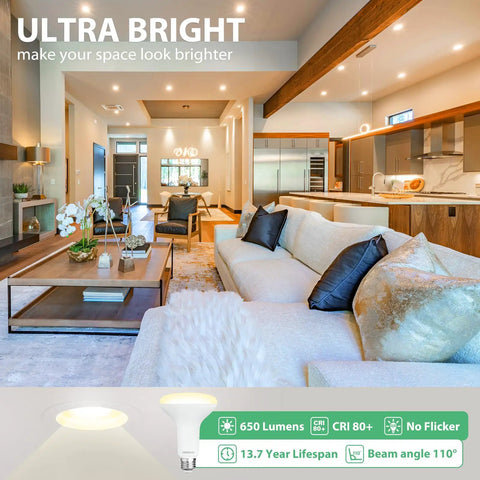 12 Pack Br30 LED Recessed Light Bulbs Dimmable Can Lights Soft White 2700K 650 Lumens E26 in modern living room setting.