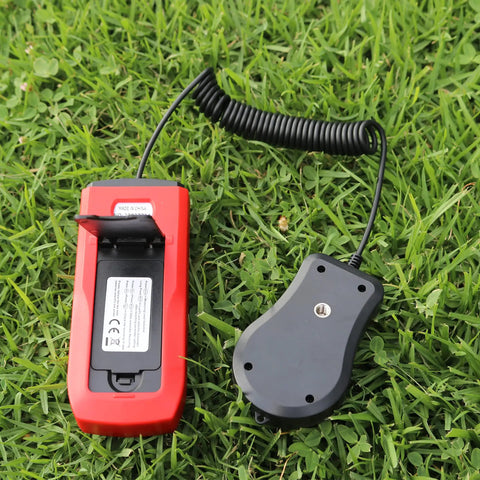 Easy-Read Pro-Grade Digital Lux Meter For Photography And Studio Lighting, Measures 0 To 200000 Lux (Lux/FC) With Clear Readout, Ideal For Photo Shoots, Office, Lab, Stage, And Horticulture Lighting Control. red handheld lux meter with coiled probe on grass