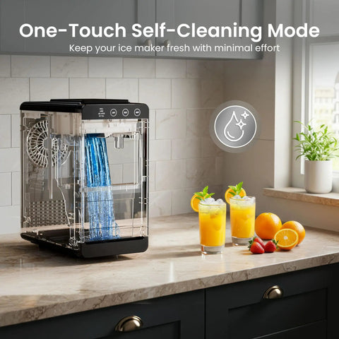 Countertop Ice Maker Machine Portable With Self Cleaning Function on kitchen counter with juice glasses and fruits, ideal for home kitchen bar.
