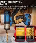 Front view of 15-piece cobalt drill bit set in red storage case; bits range 1/16–3/8 in, shown with cordless drill.
