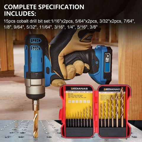 Front view of 15-piece cobalt drill bit set in red storage case; bits range 1/16–3/8 in, shown with cordless drill.