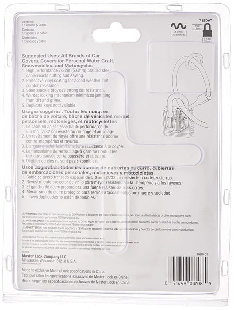 Back of packaging for Braided Steel Car Cover Cable With Laminated Padlock, 7 Ft Length, usage instructions visible