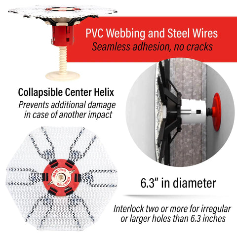 Innovative Drywall Repair Kit close-up with collapsible center helix and PVC webbing for holes 6.3 inch diameter, no tape needed.