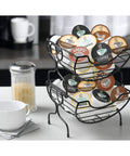 Single Serve Coffee Pod Basket Stacked Two Tier Wire Organizer For K Cups Keeps Your Flavors Handy On The Counter Office Or Home Kitchen Modern Black Finish displaying coffee pods