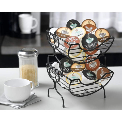 Single Serve Coffee Pod Basket Stacked Two Tier Wire Organizer For K Cups Keeps Your Flavors Handy On The Counter Office Or Home Kitchen Modern Black Finish displaying coffee pods