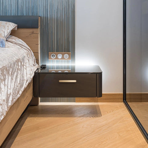 Smooth As Butter Solid Brass Cabinet Pulls 6 Pack Brushed Gold Drawer Handles For Kitchen Cabinets And Dressers 4 Inch Hole Center, displayed on modern bedside table.