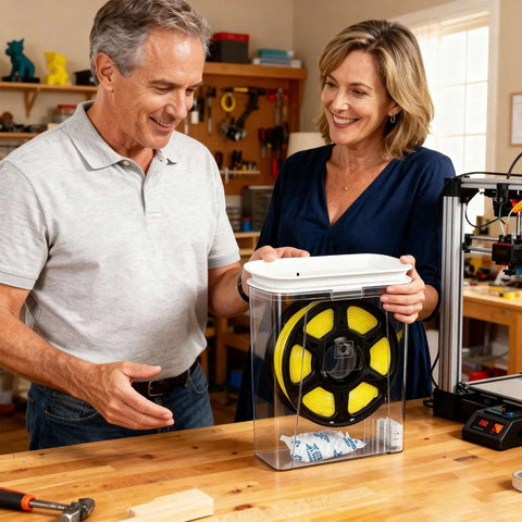 Couple using Moisture-Proof 3D Printing Filament Dryer Box with Built-In Desiccant, keeping PLA filament dry next to a 3D printer.