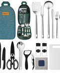 18 Tool Camping And Cooking Utensil Set For Outdoor Enthusiasts, Your Go To Camp Kitchen Gear in green bag with utensils displayed