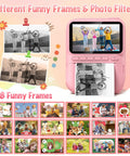 Instant Print Camera For Kids With Three Inch HD Screen 32MP Photos And 1080P Video Built In Flash Filters And Frames Time Lapse Burst Shot MP3 Music Player And Fun Modes For Creative Young Photographers, pink body with printed sample