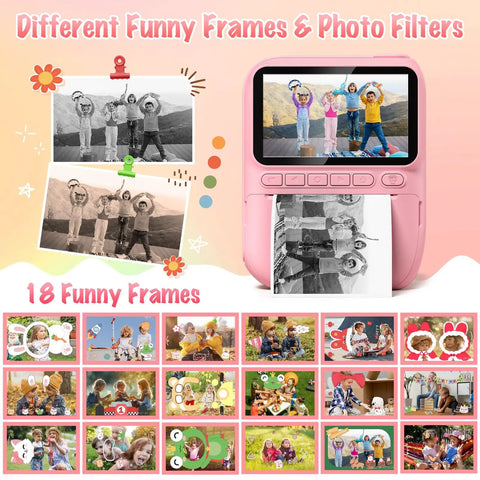 Instant Print Camera For Kids With Three Inch HD Screen 32MP Photos And 1080P Video Built In Flash Filters And Frames Time Lapse Burst Shot MP3 Music Player And Fun Modes For Creative Young Photographers, pink body with printed sample