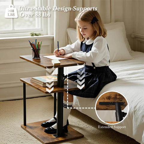 Girl using C Shaped End Table With 360 Degree Swivel Height Adjustable Sofa Side Table With Storage Open Shelf 3 Tier Night Stand TV Tray For Small Spaces Rustic Brown Living Room Bedroom