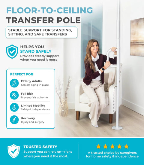 Tension Mounted Floor To Ceiling Transfer Pole With A Swivel Grab Bar And Rock Solid Grip For Bathroom Safety Senior Assist And No Sweat Daily Mobility Support In White with a woman using it for support.