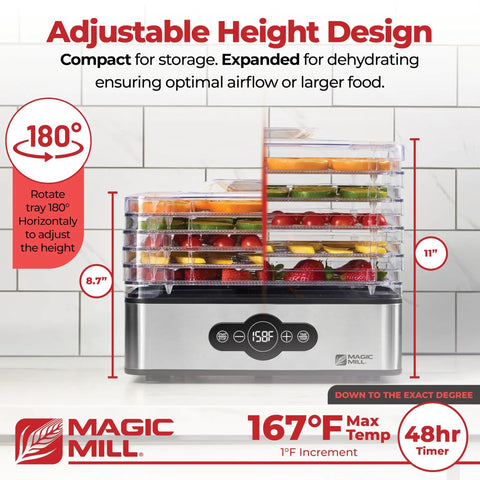 Front view of Compact 5 Tray Food Dehydrator With Digital 48 Hour Timer And Adjustable Temperature Up To 167 Degrees, displaying food trays inside.