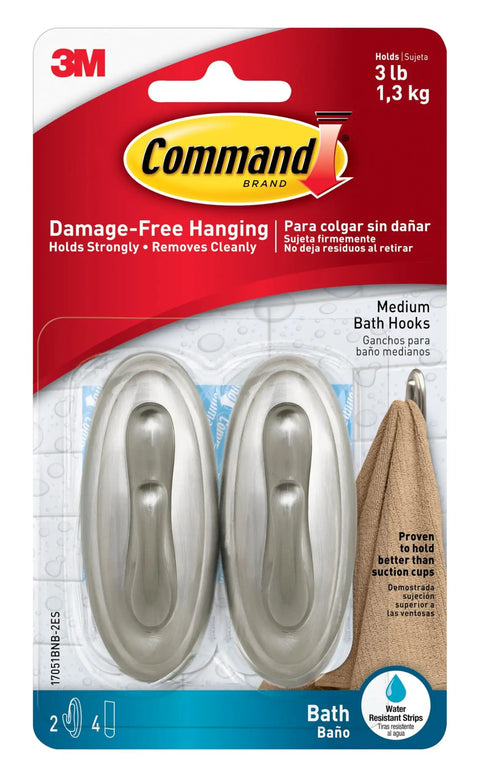No Tools Required Medium Bath Hooks Set With 2 Shower Hooks And 4 Water Resistant Strips Holds Up To 3 Lbs Brushed Nickel Finish
