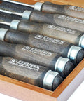 Heavy Duty Bevel Edge Chisel Set Featuring Heat Treated Alloy Steel Blades And Contoured Wooden Grips For Quick Woodworking Carves in wooden box.
