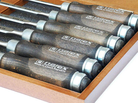 Heavy Duty Bevel Edge Chisel Set Featuring Heat Treated Alloy Steel Blades And Contoured Wooden Grips For Quick Woodworking Carves in wooden box.