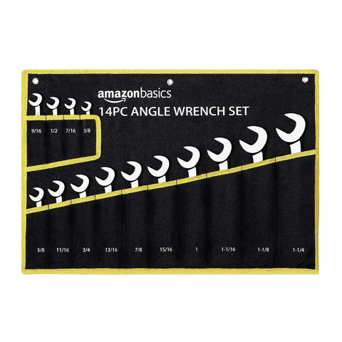 Angled Double Open End Wrench Set, 14-Piece Chrome Finish in Nylon Roll-Up Case displayed on black background