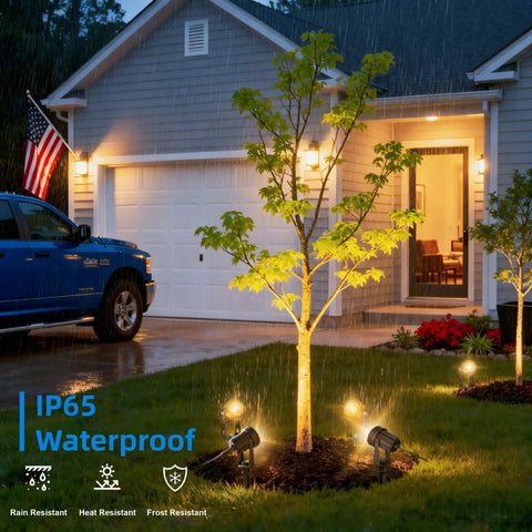 No Fuss All In One Low Voltage Landscape Lighting Kit illuminating a tree at night with Dusk To Dawn Transformer, showing waterproof spotlights