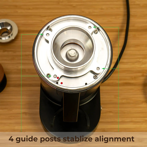 Top Shelf Single Dose Coffee Grinder Equipped With 83Mm Red Titanium Flat Burrs And Integrated Plasma Ionizer Chute For Zero Static Clumps Ideal For Home Brew Crews Chasing Consistent Pulls Without Any Headache In Classic Black showing 4 guide posts for stabilizing alignment.