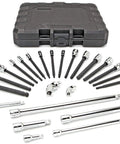 24 Piece Reach And Access Socket Accessory Set For Tight Spaces With One Quarter Inch And Three Eighth Inch Drives And Inch And Metric Sizes Includes Two Universal Joints Six Extension Bars And Four Wobble Extensions displayed with black case.