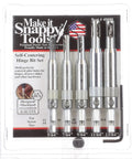 Self-centering hinge drill bit set, 5pc, front view; cabinet bits with 1/4 hex shanks, sizes 5/64–13/64 in case