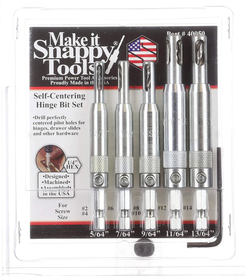 Self-centering hinge drill bit set, 5pc, front view; cabinet bits with 1/4 hex shanks, sizes 5/64–13/64 in case