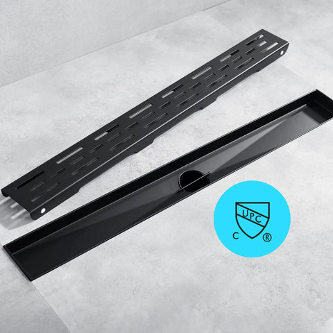 24 Inch Rectangular Matte Black Shower Drain With Removable Brickwork Pattern Grate Brushed 304 Stainless Steel Floor Drain