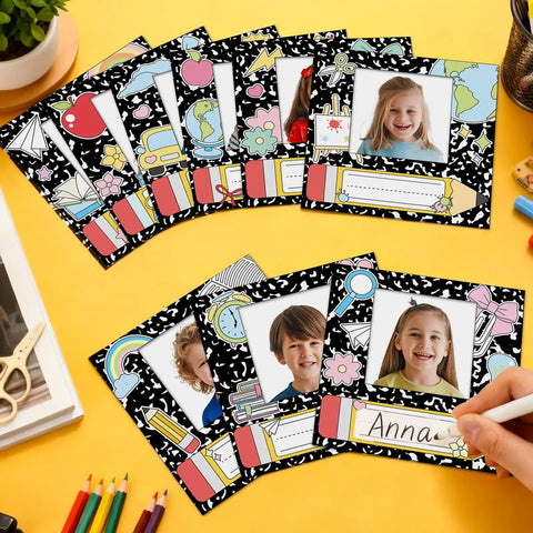 36 Pcs Composition Book Desk Name Tags With Photo Slots Self Adhesive Name Plates For Back To School Classroom Decor displayed on desk