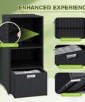 Black Rattan Outdoor Storage Cabinet with Towel Rack and Drawer, dual shelves for pool towels and garden tools, patio organizer.
