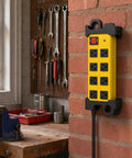 Heavy Duty Shop Workhorse Power Strip With Eight Widely Spaced Outlets And 2700J Surge Protection Six Foot Extension Cord mounted on brick wall.