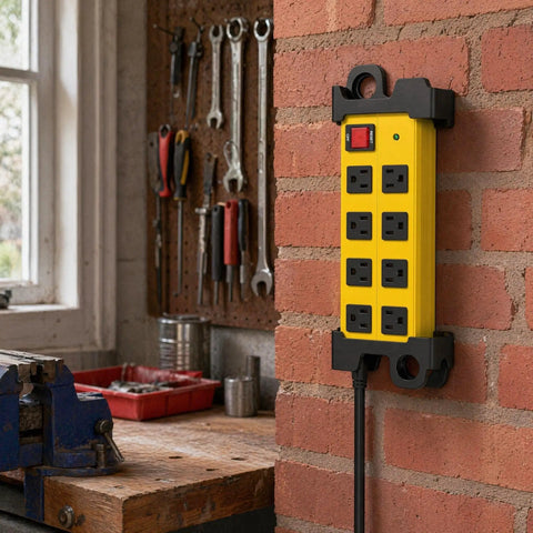 Heavy Duty Shop Workhorse Power Strip With Eight Widely Spaced Outlets And 2700J Surge Protection Six Foot Extension Cord mounted on brick wall.