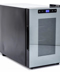 Black six bottle wine cooler with thermoelectric cooling, quiet freestanding wine cellar, digital temperature, LED display.