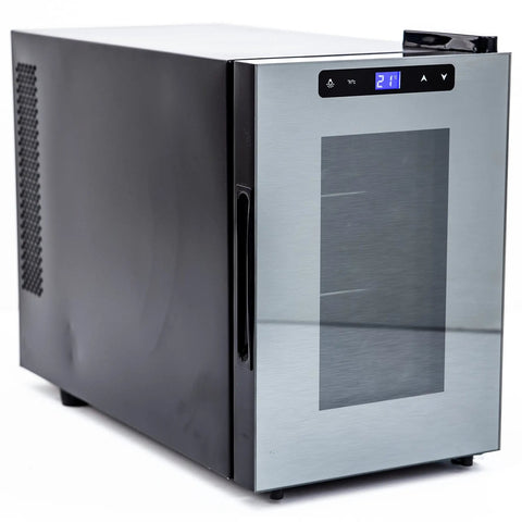Black six bottle wine cooler with thermoelectric cooling, quiet freestanding wine cellar, digital temperature, LED display.