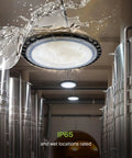 UFO LED High Bay Light 150W Dimmable, 19,479 Lumens, waterproof IP69K, installed in industrial setting
