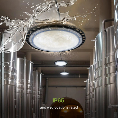 UFO LED High Bay Light 150W Dimmable, 19,479 Lumens, waterproof IP69K, installed in industrial setting