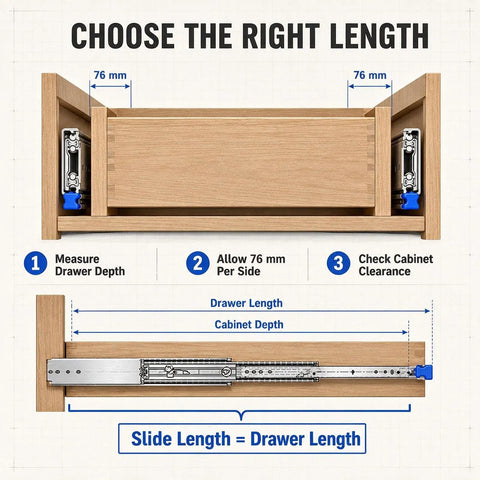 Beefy Full Extension Heavy Duty Drawer Slides With Ball Bearings, Quiet Smooth Glide, Side Mount Rails For Cabinets And Tool Chests, High Capacity Load, Rust Resistant Steel, Easy Install, 3 Fold Extension measuring drawer length and 76 mm clearance