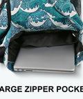 Drawstring Gym And Beach Backpack With Mesh Pockets, Water Resistant, showing large zippered pocket with laptop inside, Blue Waves design