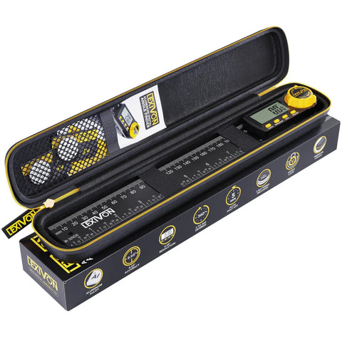 Built Tough Aluminum Digital Angle Finder And Precision Protractor Gauge with bright display in zippered pouch for accurate measurements.